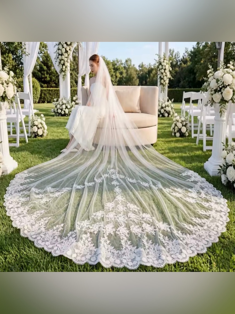 Bridal Veil with Lace Applique - White